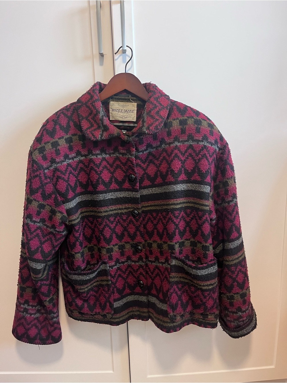 Vintage Razzle Dazzle Geometric Wool Blend Jacket Pink Tribal Southwestern M